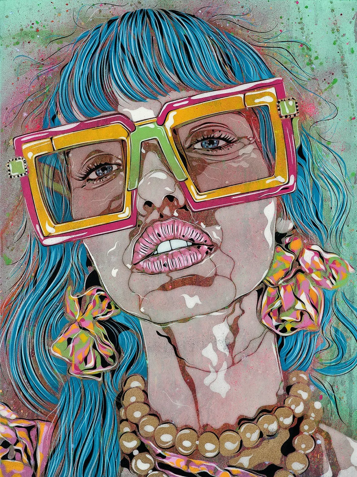 Oeuvre d'art représentant une femme avec des grosse lunette coloré