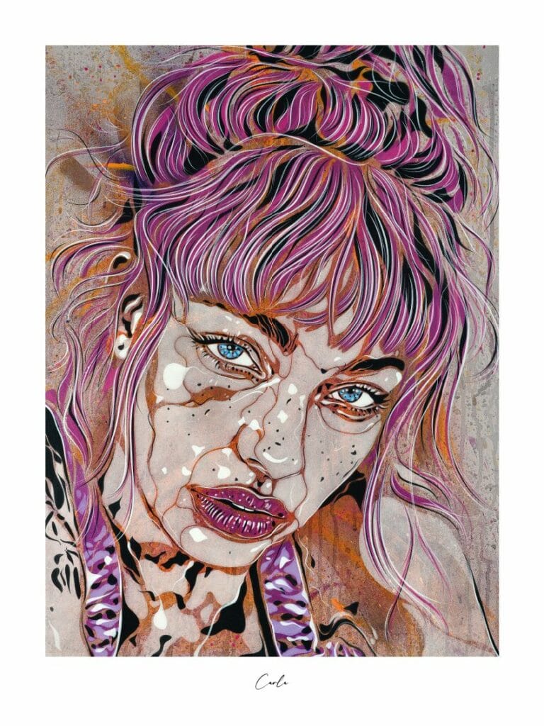 Oeuvre d'art représentant une femme avec des cheveux coloré et des yeux bleux