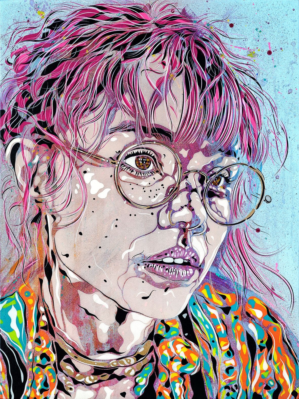 Oeuvre d'art représentant une femme avec des lunettes ronde et des cheveux rose