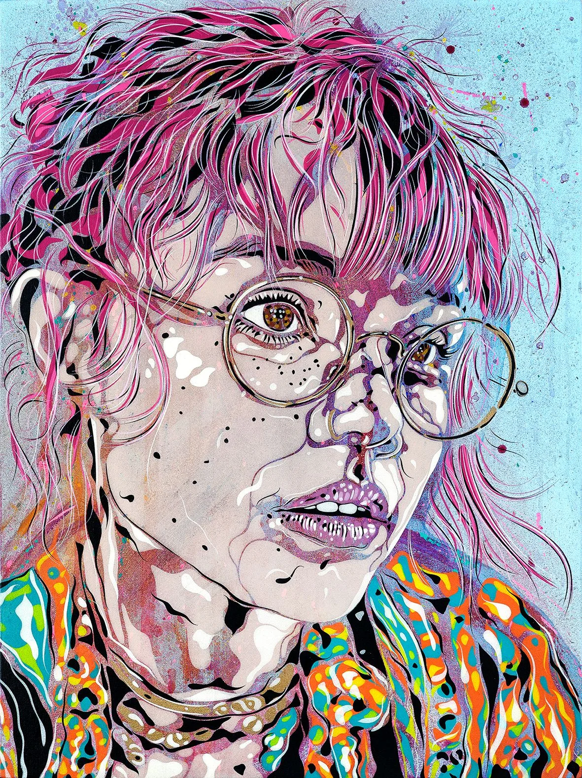 Oeuvre d'art représentant une femme avec des lunettes ronde et des cheveux rose