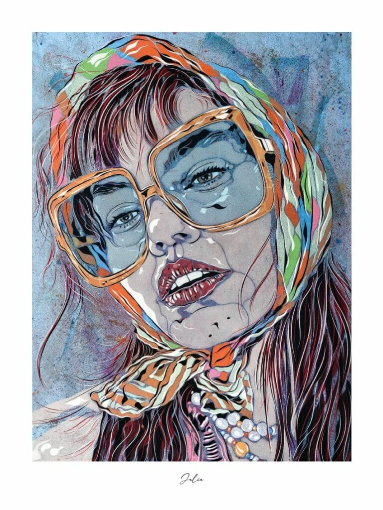 Oeuvre d'art représentant une femme avec un foulard et des lunettes