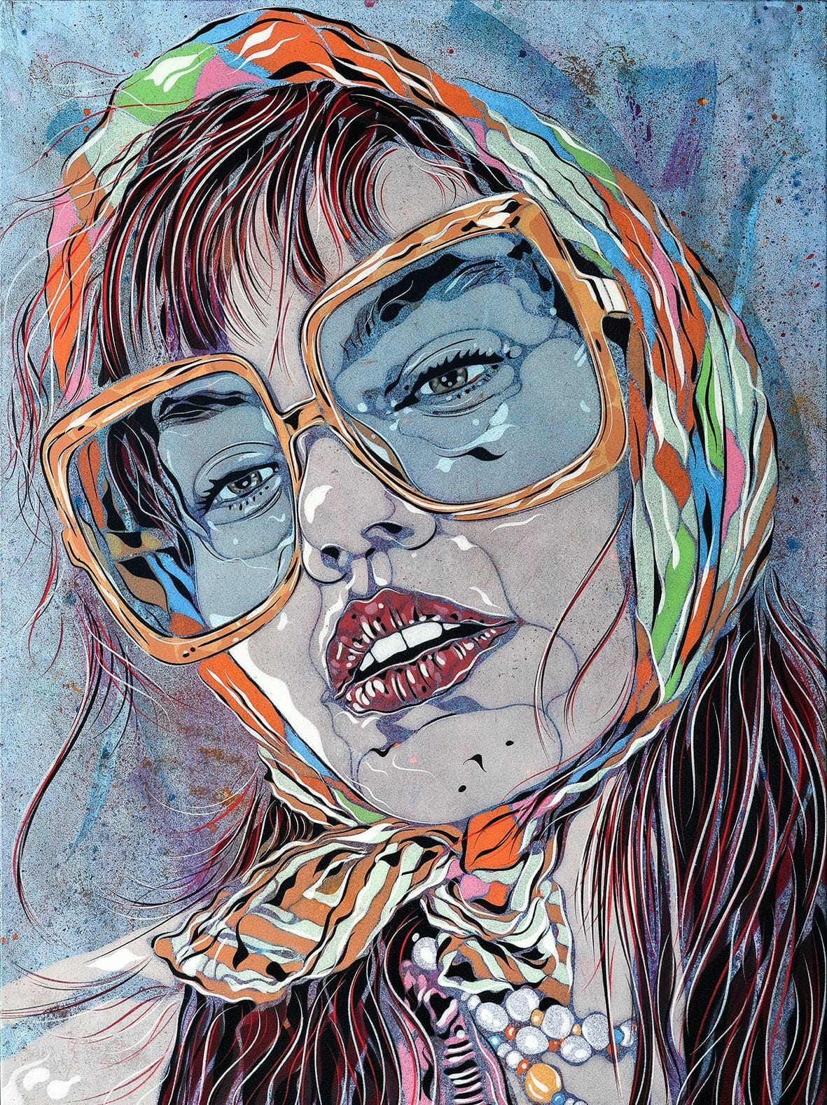 Oeuvre d'art représentant une femme avec un foulard sur la tête et des grosse lunette carré