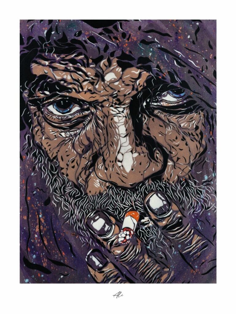 Oeuvre d'art représentant un homme entrain de fumer